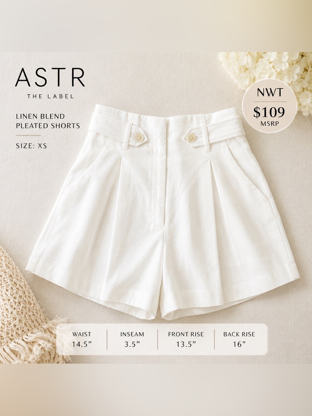 NWT $109 ASTR The Label White Linen Blend Pleated Shorts